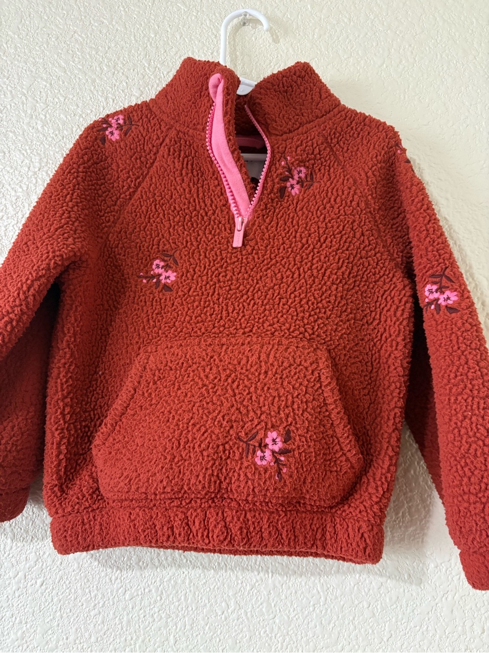 Old Navy Red Sherpa Pullover with Pink Zipper and Floral Accents